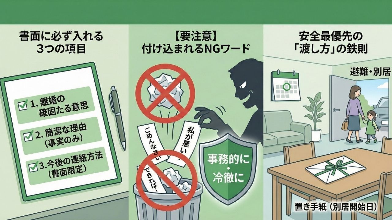 モラハラ夫への離婚切り出し書面の書き方と渡し方を解説したイラスト。左のパネルは「必ず入れる3つの項目」として、離婚の意思・理由・今後の連絡方法がチェックリスト風に描かれている。中央のパネルは「付け込まれるNGワード」として、「ごめんなさい」などの謝罪の言葉を捨て、「事務的に・冷徹に」と書かれた盾で夫の影から身を守る様子。右のパネルは「安全な渡し方の鉄則」として、別居のために家を出る母子の手前で、テーブルに置き手紙が残されている様子が描かれている。