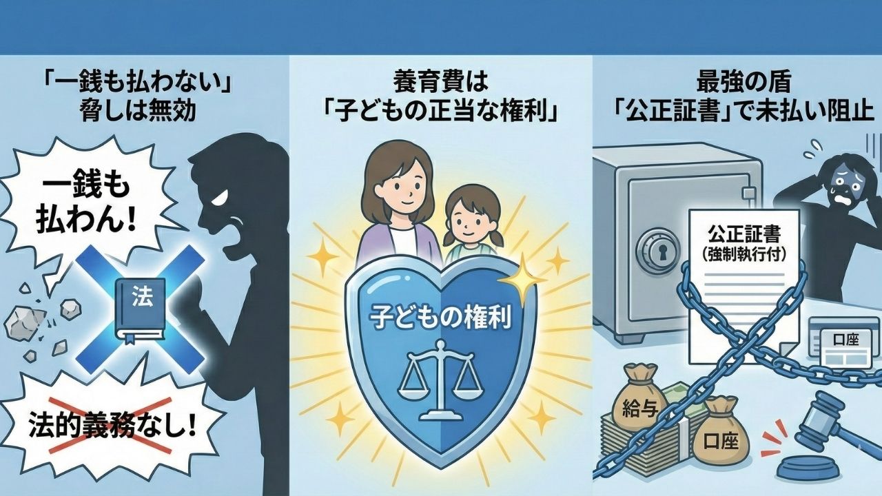 モラハラ夫に対する養育費請求の法的根拠と公正証書の重要性を説明したイラスト。左のパネルは「一銭も払わない脅しは無効」として、夫の暴言が法の力(六法全書のアイコン)で打ち砕かれている様子。中央のパネルは「養育費は子どもの正当な権利」として、母子が「子どもの権利」と書かれたハート型の盾に守られている様子。右のパネルは「最強の盾『公正証書』で未払い阻止」として、公正証書が鎖となって夫の給与や口座を差し押さえ、夫が慌てふためいている様子が描かれている。