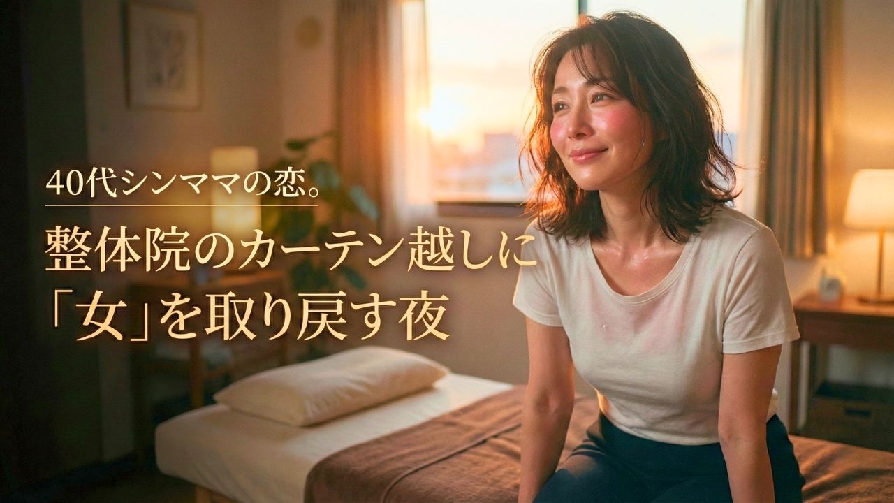 整体院のベッドに座り、施術後の心地よい余韻で頬を染める若々しい40代シングルマザー。画像内のタイトル文字：40代シンママの恋。整体院のカーテン越しに「女」を取り戻す夜"