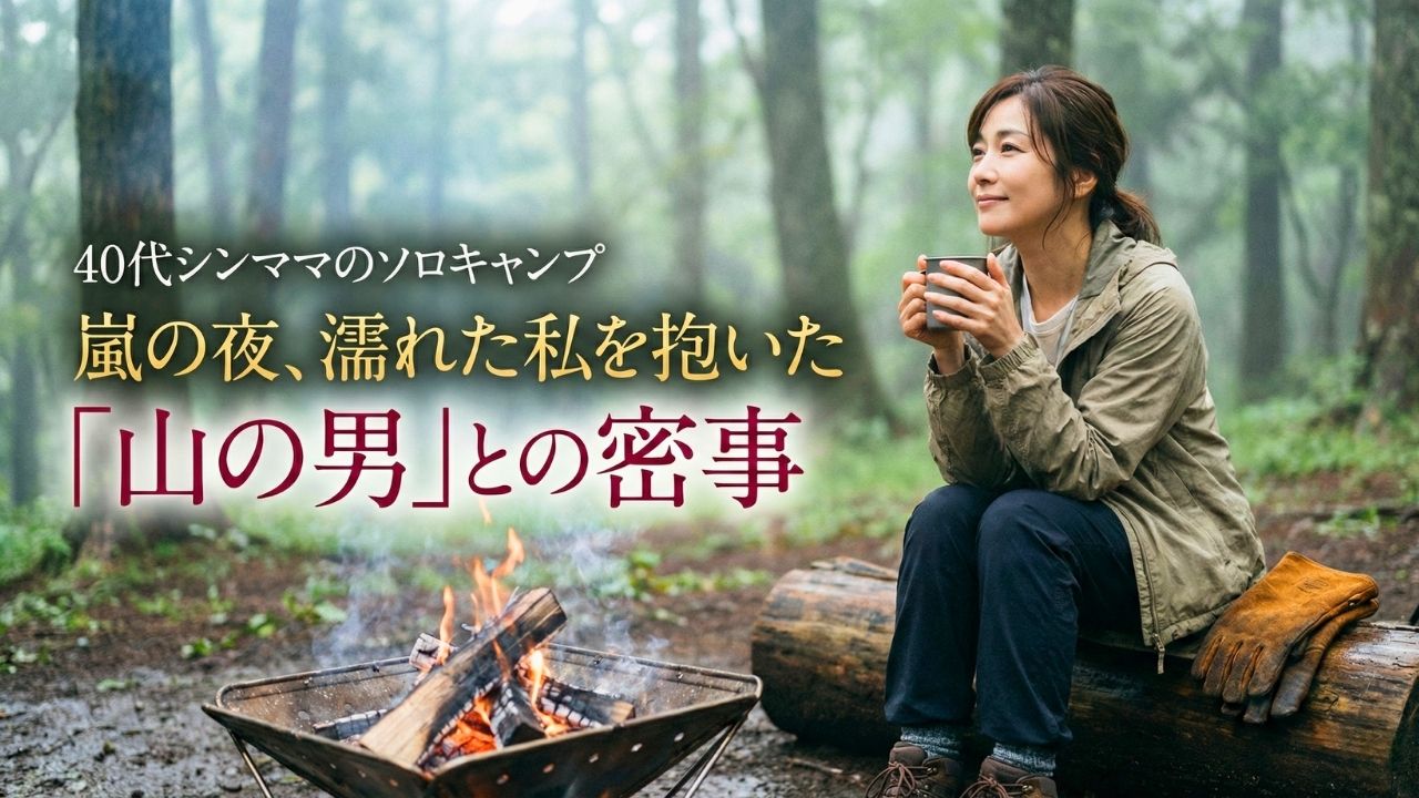 雨上がりの森のキャンプ場で、焚き火を前に穏やかな表情を浮かべる美しい40代日本人女性。傍らには男性の革手袋が置かれている。画像内のタイトル文字：40代シングルマザーのソロキャンプ 嵐の夜、濡れた私を抱いた「山の男」との密事"