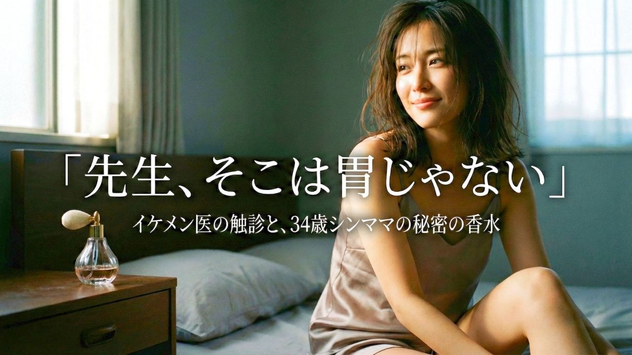 ベッドサイドで微笑む30代の美しい日本人シングルマザーと、テーブルに置かれた香水瓶型の秘密のアイテム。画像内のタイトル文字：「先生、そこは胃じゃない」 イケメン医の触診と、34歳シンママの秘密の香水