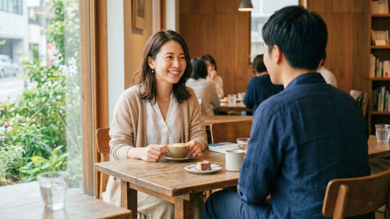 包容力があり大人の魅力を感じられる女性が、カフェで男性と楽しそうに会話している様子。