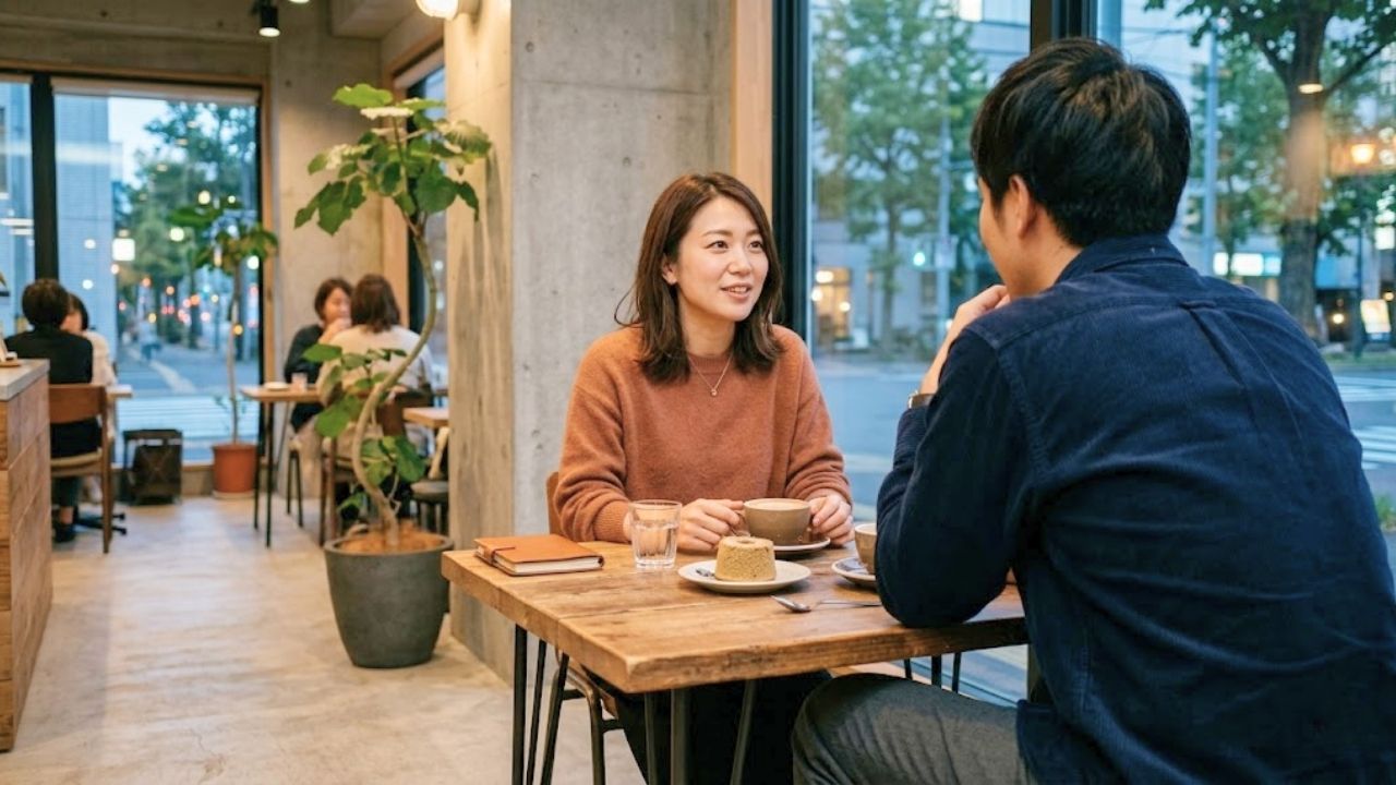カフェでしっかりと結婚後のことを話し合う30代のカップル。