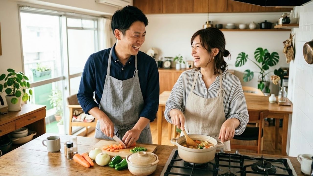 家事スキルの高い男性とマッチングし、楽しそうに料理をする30代後半の女性。