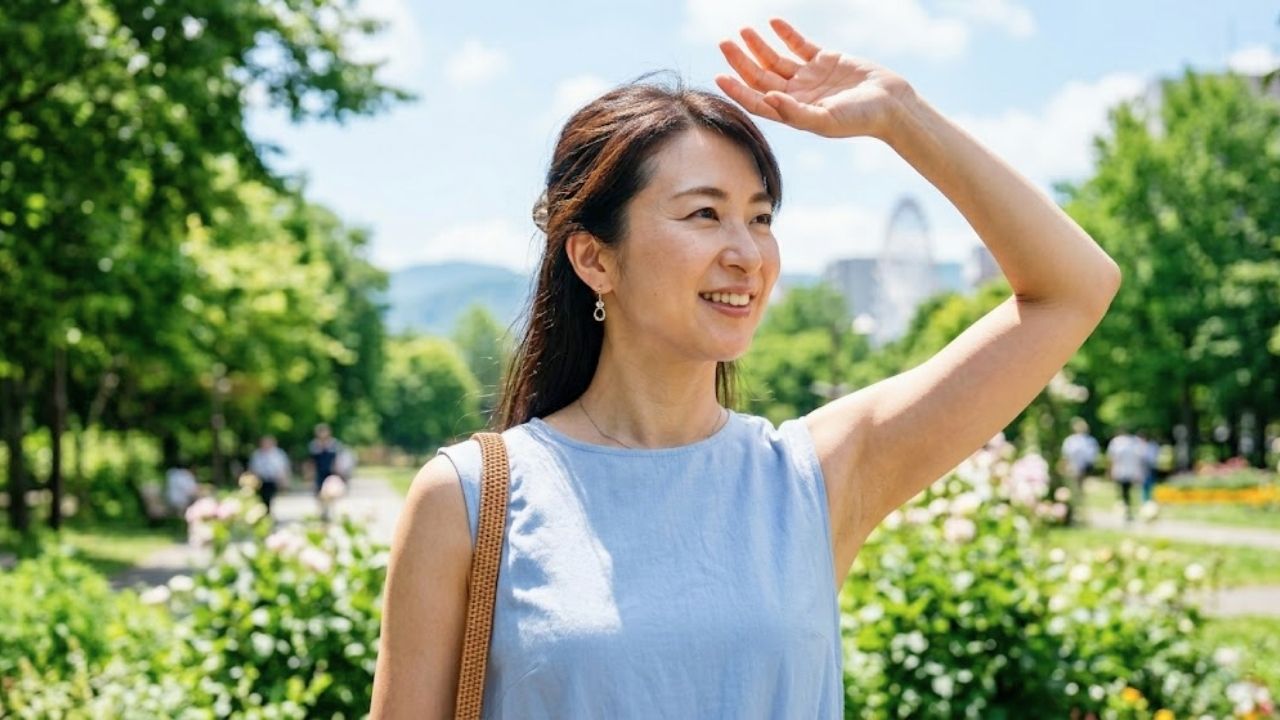 大人の余裕と魅力を感じられる40代の女性が夏の日に公園を散歩している様子。