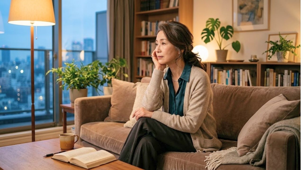 自宅リビングで考え事をしている60代の女性。