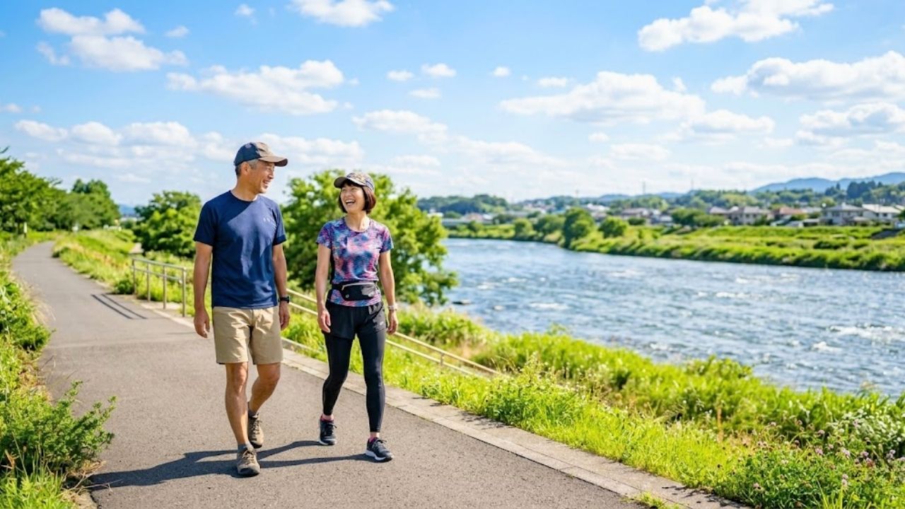 シニア向けマッチングアプリで共通の趣味のパートナーと出会い、河川敷でのウォーキングを楽しむ50代のカップル。