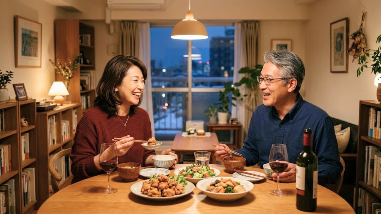 楽しそうに食事をする、50〜60代の週末通い婚カップル。
