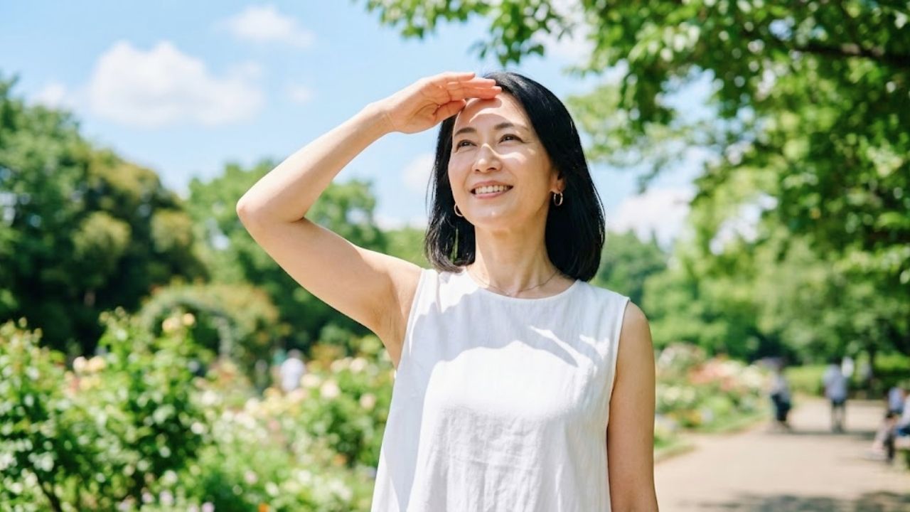 今後の人生を豊かにするため、新たな出会いを求めることを決意し爽やかな表情を浮かべる50代の女性。