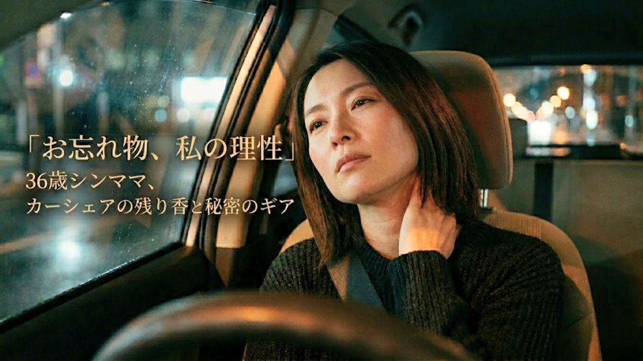 深夜の車内で前利用者の残り香に酔いしれる、36歳のシングルマザー。画像内のタイトル文字：「お忘れ物ですよ、私の理性」36歳シンママ、カーシェアの残り香と秘密のギア
