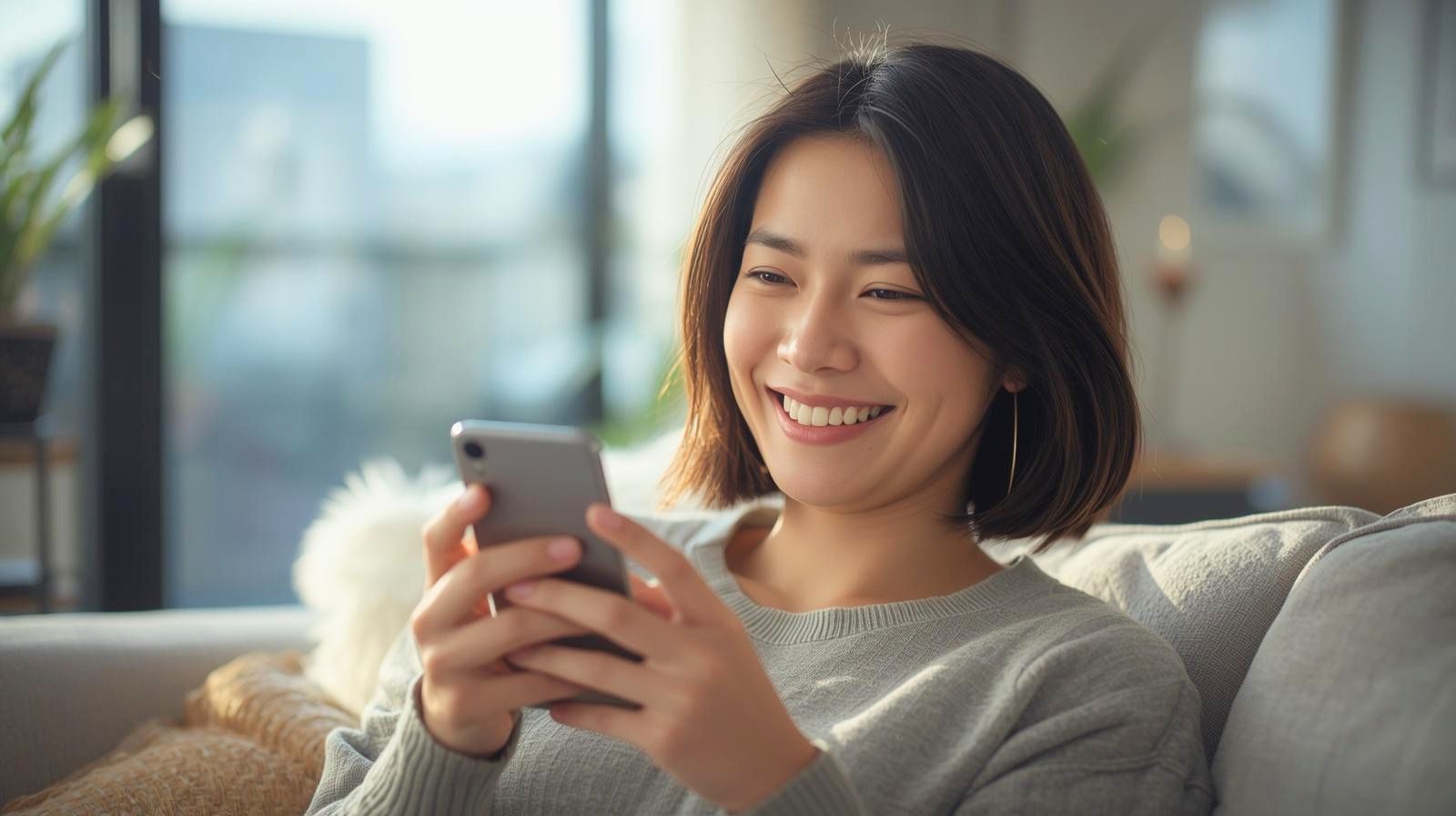 婚活プロフィールを楽しそうに考えている女性。