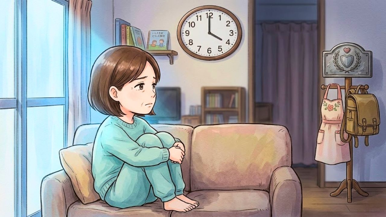 少し薄暗く、静まり返った家の中、ソファで膝を抱え、子どもの帰りを待っていた時計の針を寂しげに見つめるショートブラウンヘアの日本人シングルマザー。遠くの壁には「お母さん」の役割を象徴する小さなエプロンとリュックが寂しくかかっている。水彩画風イラスト。