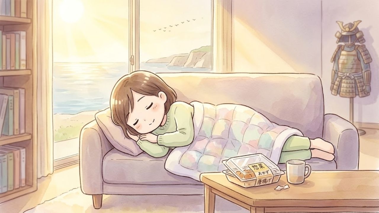 毛布にくるまり、パジャマ姿でソファに横たわり、穏やかで前向きな表情で完全に脱力して目を閉じるショートブラウンヘアの日本人シングルマザー。テーブルには昨日のお惣菜のパックがそのまま。何もしないこと（休息）を「全肯定」し、サナギのように休んでいる。水彩画風イラスト。