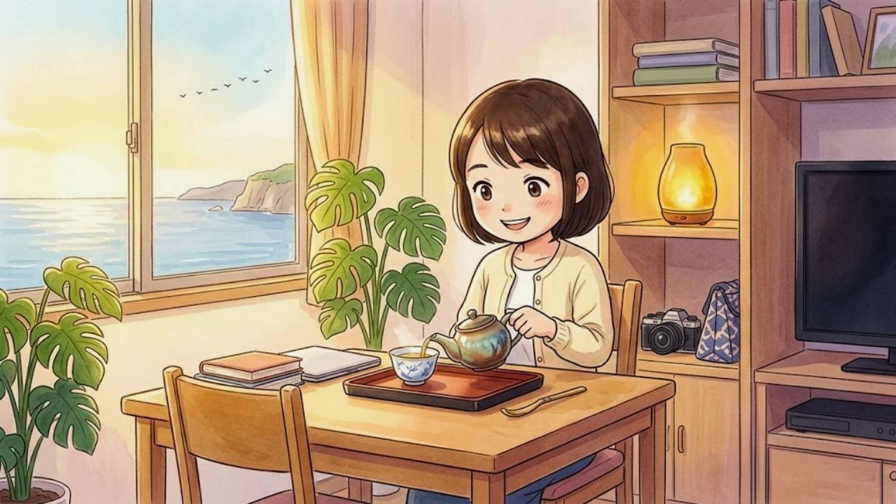 ティーカップでお茶を丁寧に淹れ、自分のためだけの時間を楽しむ日本人シングルマザー。背景には、優しい香りを象徴するアロマディフューザーが暖かく光っている。テレビは消え、家の中を心地よい「自分軸」の空間に変えている四頭身イラスト。