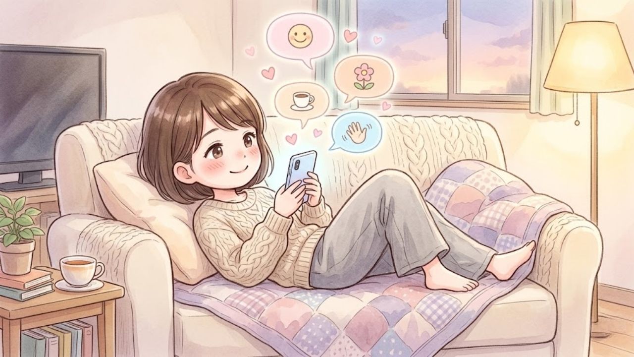 家のソファやベッドでゆったりとくつろぎながら、スマートフォンでの心地よいメッセージのやり取りに、ほんのりと頬を染めて嬉しそうに微笑む日本人シングルマザー。画面からは小さなハートや吹き出しが浮かび上がり、家から出ずに大人の女性としてのときめきと「ゆるい繋がり」を楽しんでいる四頭身イラスト。