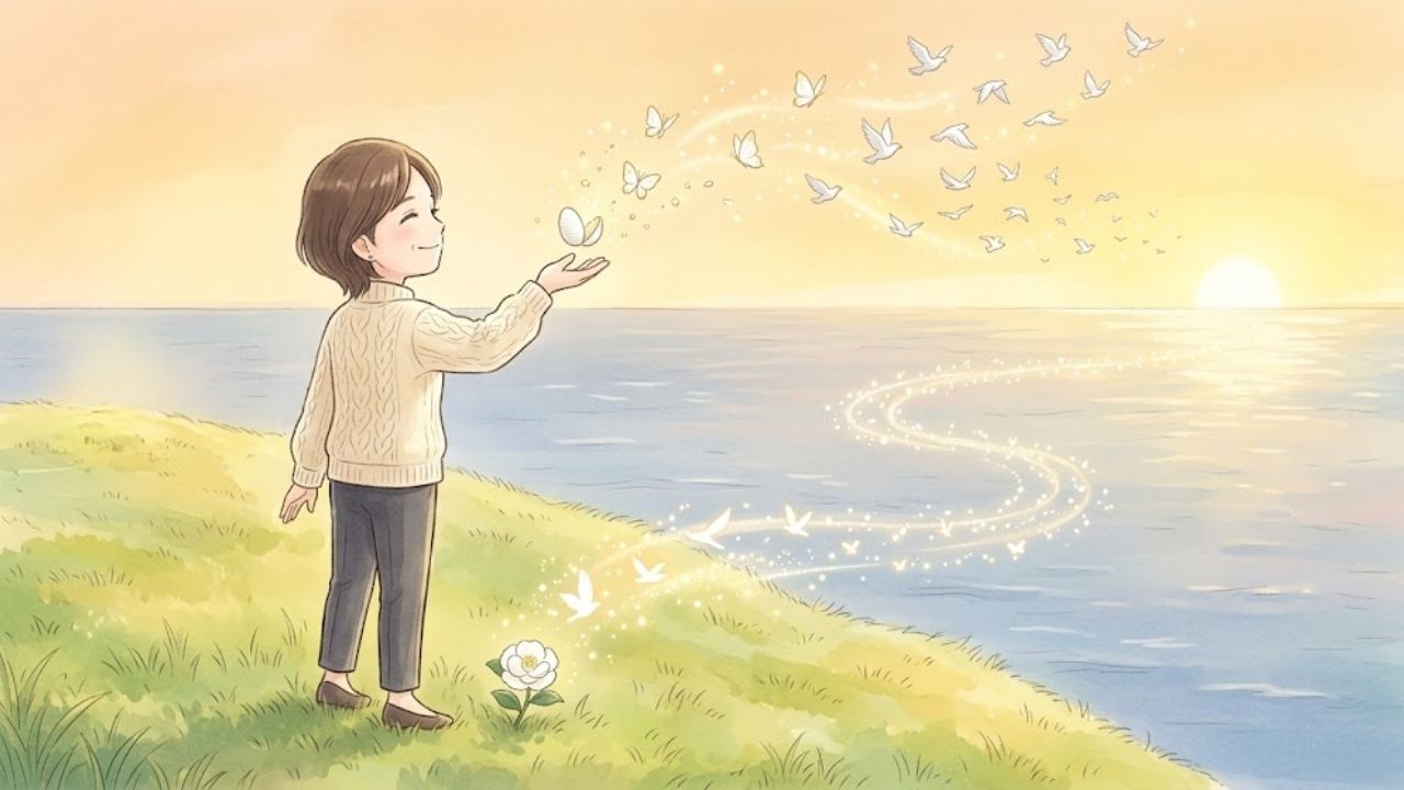 夜明け前の静かな海の丘で、手から白い花と白い蝶を放ち、穏やかで Fulfilled（満たされた）な表情で朝日を見つめる若々しい日本人シングルマザー。彼女の周囲には、サナギ（準備期間）と、そこから孵った白い蝶（女性としての自分）が、金色の光の粒とともに未来の水平線へ向かって飛んでいく。お母さんの responsibilities (エプロンとリュック) は遠くに。女性としての潤いと、新しい人生への希望で満ちた四頭身イラスト。