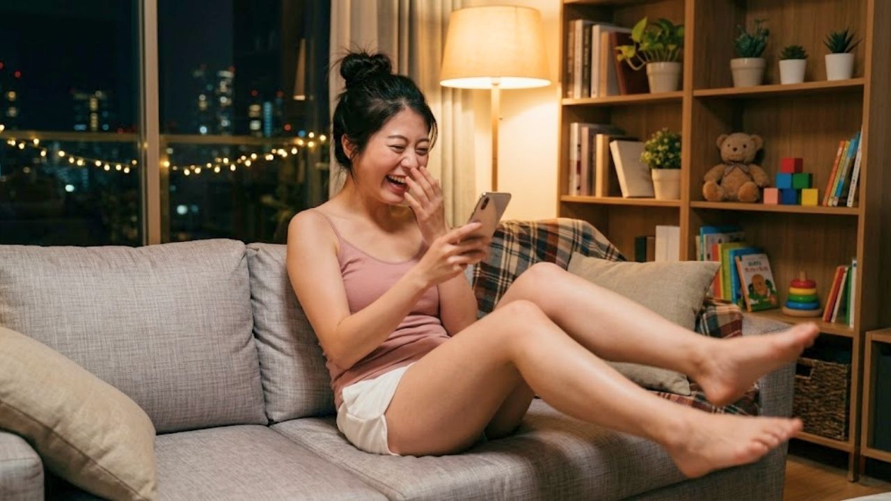 夜のリビングでスマホを見ながら爆笑するシングルマザー。