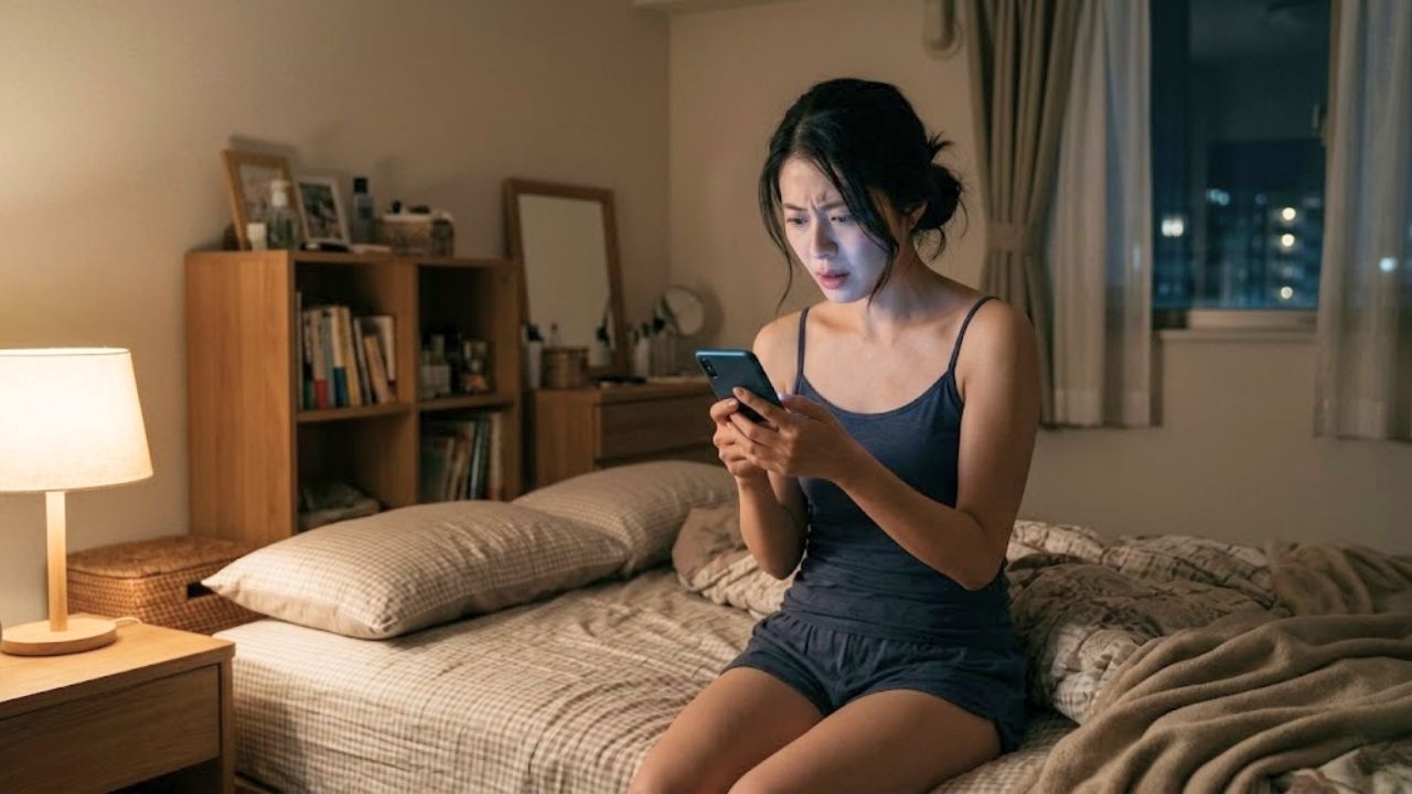 夜の寝室でマッチングアプリの自己紹介を見てドン引きしているシングルマザー。