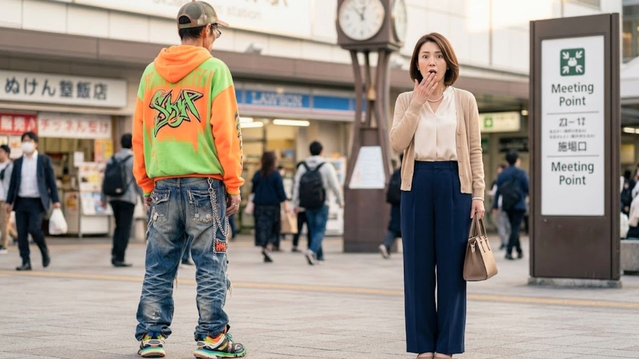 待ち合わせ場所に来た男性の服装や様子が、想像とかけ離れていて驚いているシングルマザー。