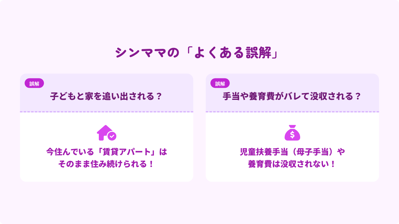 シンママが抱えがちな自己破産への「誤解と真実」の解説図。自己破産しても、今住んでいる賃貸アパートから追い出されることはなく、児童扶養手当(母子手当)や養育費が没収されることもない点について。
