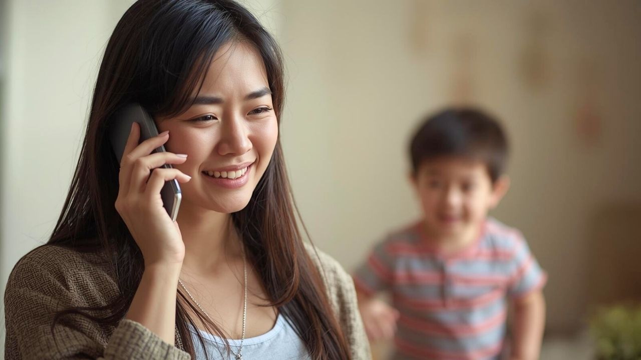 借金に苦しんでいたシングルマザーが勇気を出して一歩踏み出し弁護士に相談。相談することで今までの緊張が解かれ安堵の表情を見せている。その表情を感じた子どもがママに近づいてきている様子。