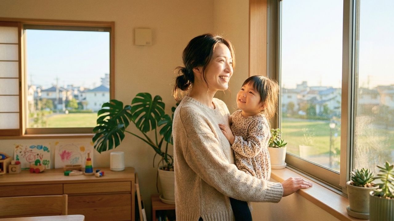 金色の夕暮れの光が差し込む新しいアパートの窓辺で、30代のシングルマザーが幼い娘を抱っこしている。シングルマザーは希望に満ちた穏やかな笑みを浮かべ、娘と並んで外の住宅街の景色を見つめている。背景には、観葉植物や子どものおもちゃが置かれた、明るく居心地の良い室内がある。