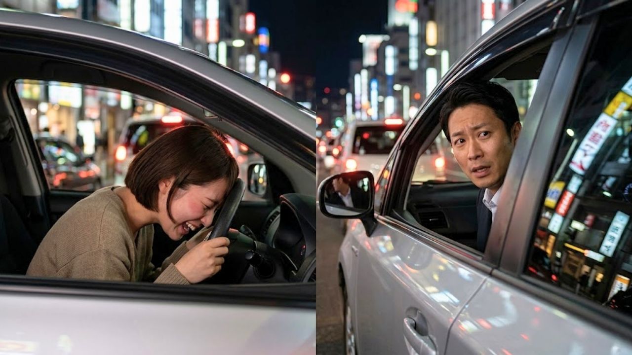 信号待ちで歌っているところを見られ恥ずかしそうに誤魔化す寸ぐるマザーと、なにかあったのかと驚く隣の車の男性。