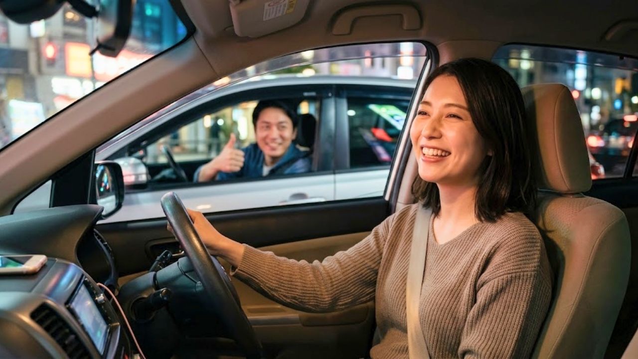運転席で晴れやかな笑顔を見せるシングルマザーと、窓越しに隣の車から親指を立てて「グッド」のポーズを送る男性ドライバーの、車内熱唱を通じた不思議な連帯感を感じさせる画像。