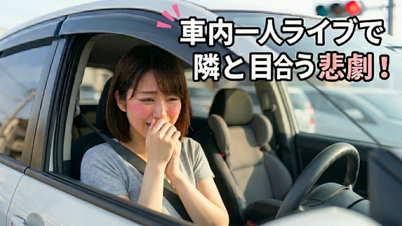 車の中で熱唱しているところを隣の車の人に見られ、恥ずかしそうにしているシングルマザー。