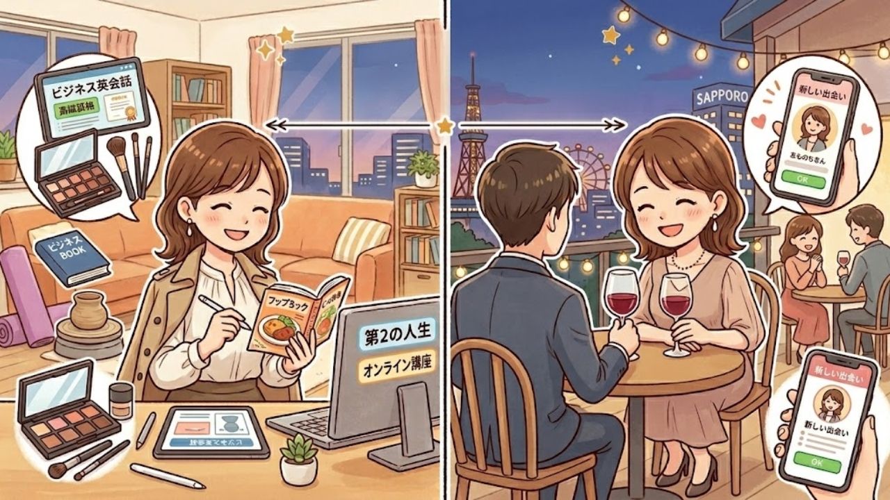 卒母後に自分磨きや新しい恋愛など、第2の人生を楽しむシングルマザーのイラスト。