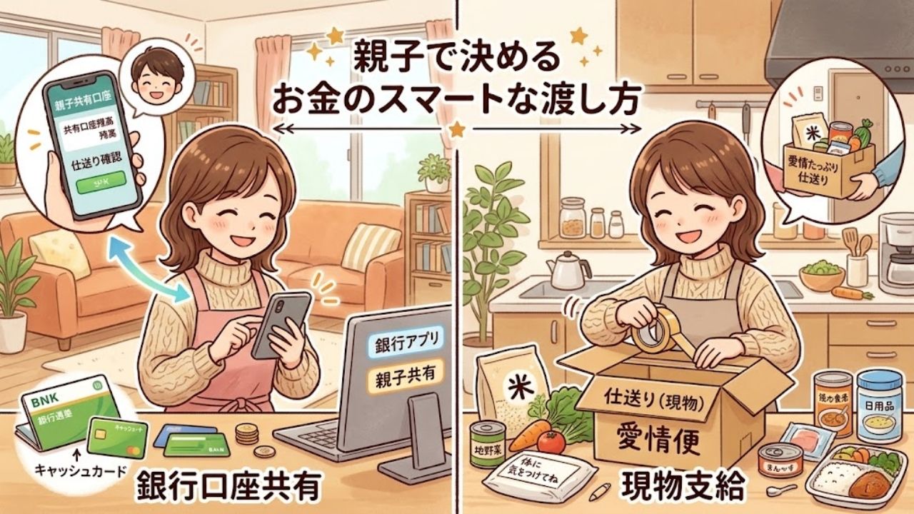 親子で相談する仕送りの方法として、「銀行口座共有」と「現物支給」の二つを解説したイラスト。