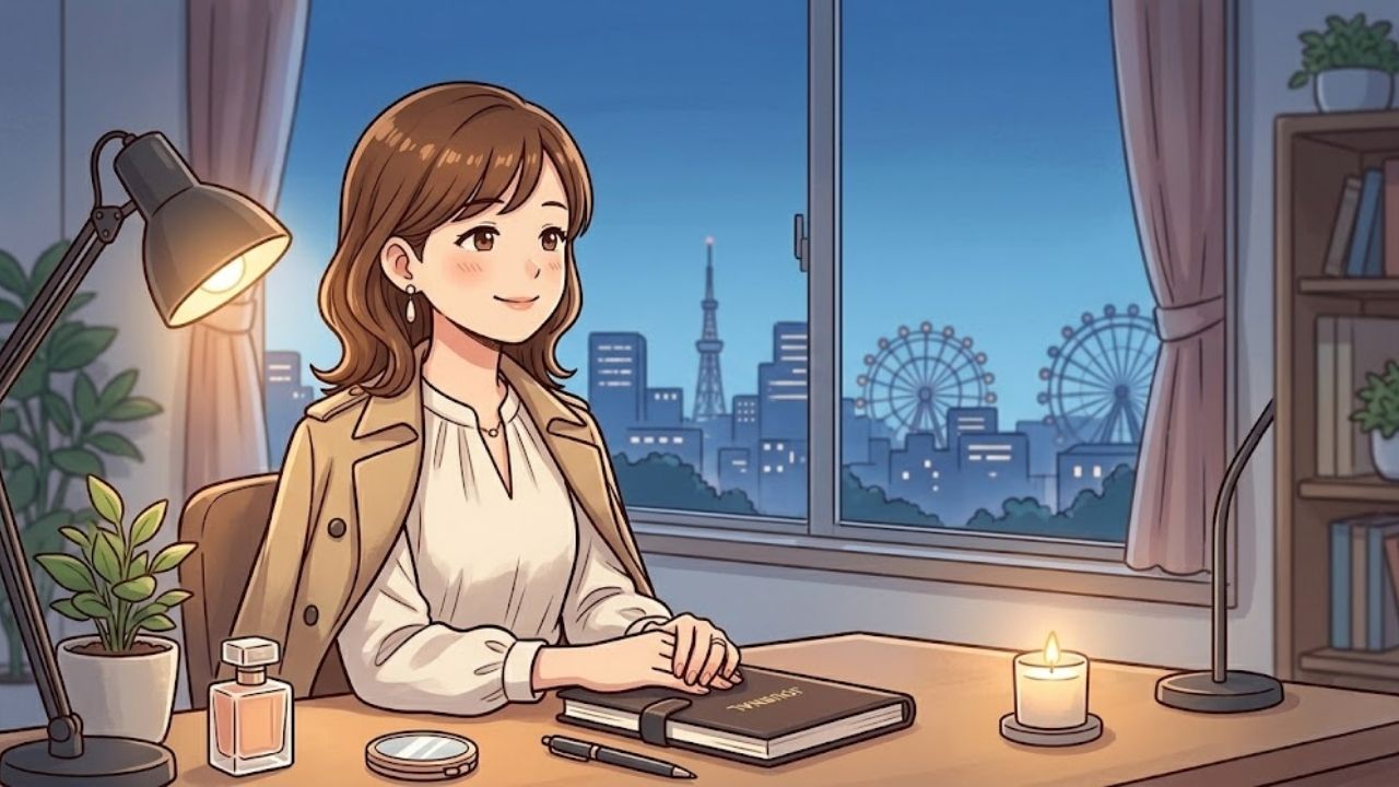 冷静に自分の人生や家計について考えるシングルマザーのイラスト。