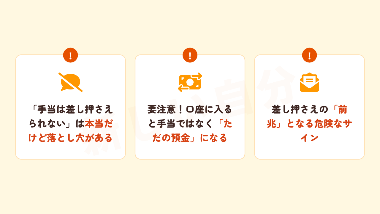 児童扶養手当の差し押さえに関する3つの落とし穴の図解。手当自体は差し押さえ禁止だが、口座に振り込まれた瞬間に「ただの預金」として差し押さえ対象になってしまう注意点と、その前兆となる危険なサインについて。