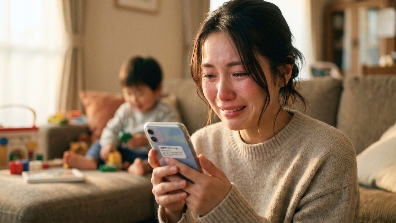 Gemini の回答
居心地の良いリビングルームで、スマートフォンを手に、安堵と喜びで泣きそうになっている美しいシングルマザーのポートレート写真。彼女は柔らかいベージュのニットセーターを着ており、緊張から解き放たれた表情で、目に涙を浮かべながら微笑んでいる。背景にはソファで遊んでいる幼い息子と、夕暮れの柔らかく温かい自然光が差し込んでいる。