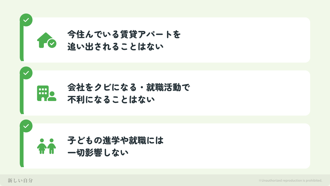 債務整理をしても影響が出ない3つの事実。今住んでいる賃貸アパートを追い出されることはない、会社をクビになったり就職活動で不利になることはない、子どもの進学や就職には一切影響しないという安心ポイントのまとめ。
