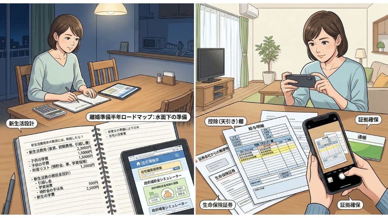 離婚準備の半年前から行う「水面下の準備（極秘）」の内容を、2つのパネルで視覚的に要約したイラスト。 左側のパネル（①お金の把握）は、夜、冷静な日本人女性がノート、電卓、タブレットを使って、離婚後の新生活に必要な家賃・引越し費用、子供の教育費、夫婦の財産リスト（預貯金、車、保険）を誤字なく日本語で計算している。女性の表情は冷静で、焦りや怒りは封印されている。タブレットには家賃検索サイトや政府の補助金シミュレーターが表示されており、冷静な計画性が表現されている。 右側のパネル（②証拠集め）は、昼間、同じ女性がスマートフォンを使って、夫の給与明細、証券会社からの郵便物、保険証券、通帳を秘密裏に撮影している。スマートフォンには撮影対象の書類が収まっており、女性の表情は隠密行動（ステルス調査）に真剣に取り組む様子を表現している。撮影対象の書類には日本語で「給与明細」「証券会社からの郵便物」「生命保険証券」「通帳」と誤字なく書かれている。 全体として、イラスト風の優しいタッチで、かつ真剣な雰囲気で、離婚を切り出す前に極秘に準備を進める妻の様子を誤字なく要約している。