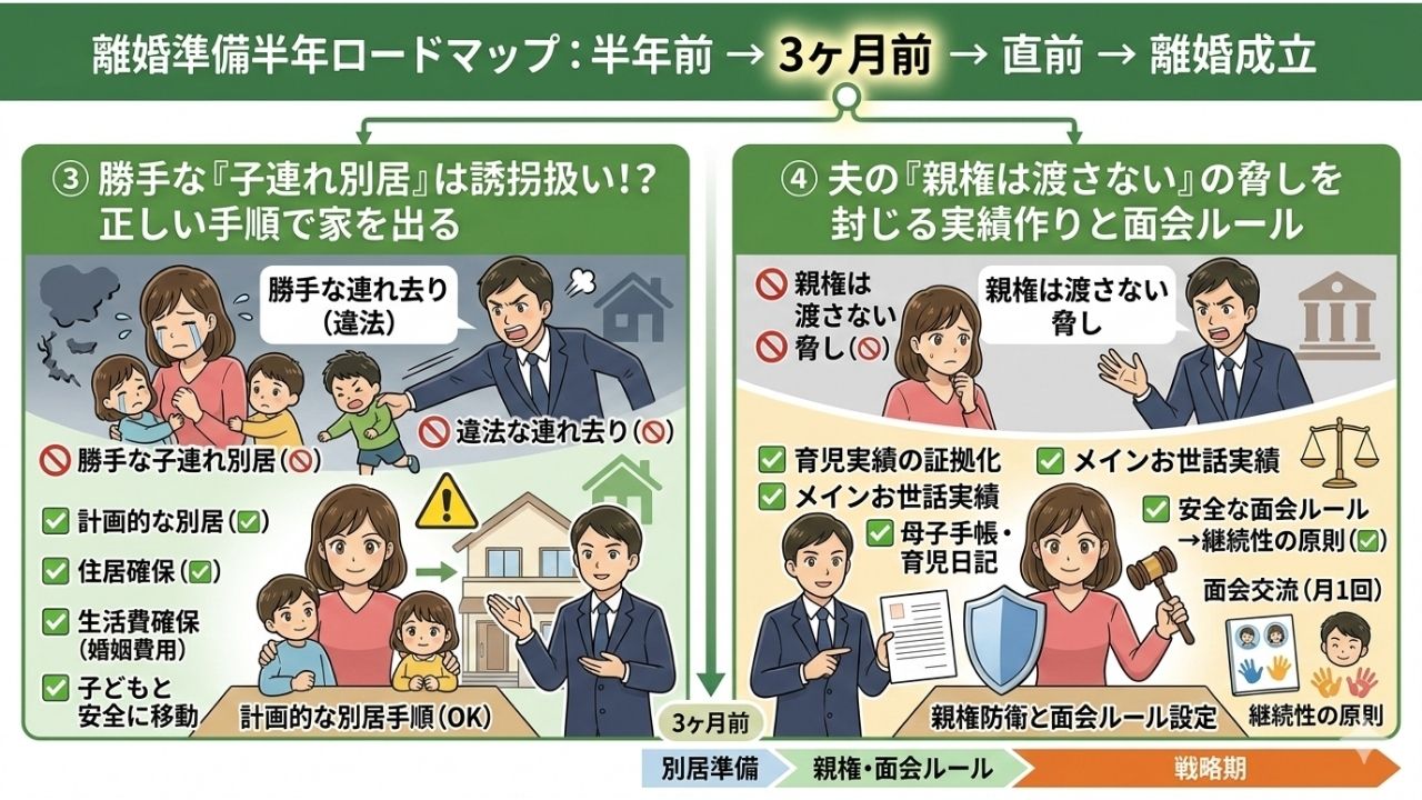 離婚準備の3ヶ月前から行う「戦略期」の内容を、上下2つのパネルで視覚的に要約したイラスト風の画像。吹き出しやセリフはない。1280x720px。中央上部には「離婚準備半年ロードマップ：半年前 → 3ヶ月前 → 直前 → 離婚成立」というタイムラインがあり、「3ヶ月前」の部分が強調されている。そこから2つの対称的なブランチ（③計画的な別居手順、④親権・面会ルール）が下へ伸びている。上下で「NG/脅し」と「OK/防衛」が対比されている。

左側ブランチ（③計画的な別居手順）： テーマは「計画的な別居手順」。

🚫側（上）： 「勝手な連れ去りNG」の🚫マークと🚫「違法な連れ去り」のラベル。怒る夫の影が泣く子供たちを無理やり連れて行こうとし、母親が混乱している。🚫「勝手な子連れ別居（違法）」の日本語テキスト。

✅側（下）： 「正しい手順で家を出る」の✅マークと✅「計画的な別居手順（OK）」のラベル。冷静な母親と子供たちが、専門家（プランナー/弁護士）の助言を受け、新居のアイコン、お金のアイコン、そして「住居確保」「生活費確保（婚姻費用）」のラベルが描かれている。子供たちの笑顔。✅「正しい手順で家を出る」の日本語テキスト。

右側ブランチ（④親権・面会ルール）： テーマは「親権防衛と面会ルール」。

🚫側（上）： 「夫の脅しNG」の🚫マークと🚫「奪われる親権」のラベル。脅す夫（ image_161.pngスタイル）が🚫「親権は渡さない」と叫び、子供の親権シンボル（盾や家）を奪おうとしている。🚫「親権は渡さない脅し」の日本語テキスト。

✅側（下）： 「育児実績の証拠化と面会ルール設定」の✅マークと✅「理論武装（防衛）」のラベル。冷静な母親が子供とお世話する様子（ image_177.pngスタイル）。母子手帳、育児日記、カレンダー（月1回）、専門家（プランナー/弁護士）の助言、法的な盾、 gavel（槌）が描かれている。「育児実績の証拠化」「これまでのお世話実績」「母子手帳・育児日記」「面会交流（月1回）」の日本語ラベル。✅「親権防衛と面会ルール設定」「継続性の原則」「理論武装」の日本語テキスト。子供たちの笑顔。

全体として、イラスト風の優しいタッチで、かつ真剣で戦略的な雰囲気で、プレシンママが焦りや夫の脅しに屈せず、冷静に計画を進め、子どもを守るための戦略を進める様子を誤字なく要約している。