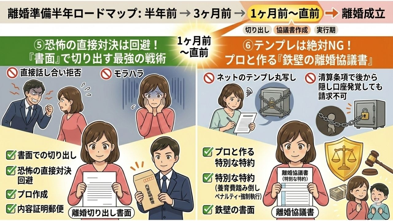 離婚準備の1ヶ月前〜直前に行う「実行期」のミッションを解説するインフォグラフィック。イラスト風のスタイルで、セリフや吹き出しはない。1280x720px。中央上部には「離婚準備半年ロードマップ：半年前 → 3ヶ月前 → 1ヶ月前〜直前 → 離婚成立」というタイムラインがあり、「1ヶ月前〜直前」の部分が強力な光で強調されている。そこから2つの主要なミッション（⑤『書面』で切り出す、⑥鉄壁の離婚協議書）へ矢印が伸びている。上下で「NG/危険」と「OK/防衛」が対比されている。

左側パネル（⑤恐怖の直接対決は回避！『書面』で切り出す最強の戦術）： テーマは「直接対決回避・書面切り出し」。

🚫側（上）： 「直接話し合い拒否」の🚫マークと🚫「モラハラ（恐怖）」のラベル。怒る夫の影が母親を威圧し、母親が混乱している。🚫「恐怖の直接対決」の日本語テキスト。

✅側（下）： 「書面での切り出し」の✅マークと✅「内容証明郵便（合法・圧力）」のラベル。冷静な母親がデスクで書類を作成し、専門家（プランナー/弁護士）が完成した書類（「離婚切り出し書面」「内容証明郵便」）を受け取っている。✅「恐怖の直接対決回避」「プロ作成」の日本語テキスト。夫に本気度を伝える強力な封筒。

右側パネル（⑥テンプレは絶対NG！プロと作る『鉄壁の離婚協議書』）： テーマは「テンプレ拒否・特別な特約」。

🚫側（上）： 「自作テンプレは危険」の🚫マークと🚫「後から隠し口座発覚しても請求不可」のラベル。焦った母親がネットのテンプレをそのまま写して書類にサインしている。背景には、破れたチェーン、隠し口座（金庫）、踏み倒された養育費のアイコン。🚫「隠し財産の免罪符」「養育費踏み倒し」の日本語テキスト。

✅側（下）： 「プロと作る特別な特約」の✅マークと✅「鉄壁の離婚協議書（防衛）」のラベル。冷静な母親がデスクで専門家と書類をチェックし、しっかりと特別な特約（養育費踏み倒しペナルティ、強制執行の文言）を盛り込んだ書類にサインしている。背景には、強力な盾、 gavel（木槌）、笑顔で養育費を受け取る子供たちのアイコン。✅「鉄壁の協議書」「養育費を踏み倒させない」の日本語テキスト。

全体として、イラスト風の優しいタッチで、かつ真剣で実行力のある雰囲気で、プレシンママが恐怖を克服し、プロの力を借りて安全に切り出し、鉄壁の書面（特別な特約）を作成する様子を誤字なく要約している。