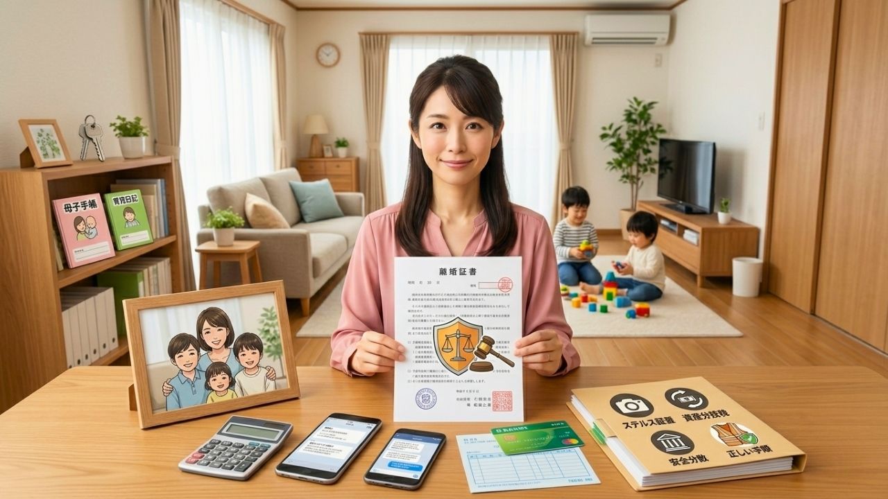 明るく安全な現代日本のマンションのリビングルームで、デスクに座ったフォトリアルな日本人女性（30代後半、フォトリアル、これまでのキャラクターを継承）が、カメラをまっすぐ見つめて満足げに微笑んでいる。彼女の手には、署名済みの『離婚協議書（公正証書）』のコピー（フォトリアルな公正証書、日本語テキスト、印鑑）があり、書類には『特別な特約』を示すフォトリアルな『盾と木槌』のスタンプが強調されている。デスクの上には、笑顔の彼女と2人の子供たちのフォトリアルな家族写真、家計簿アプリが表示された新しいスマートフォン、計算機、整理された銀行通帳、そして『ステルス調査（カメラ）』『支店特定（銀行ビル）』『正しい別居手順（安全ベスト）』のフォトリアルなアイコンが描かれたフォルダが整理されて置かれている。彼女の後ろの本棚には『母子手帳』『育児日記』のフォトリアルな本と新しいアパートの鍵が整理されており、明るいリビングエリア（段ボールなし）では、フォトリアルな子供たちが笑顔で楽しそうに遊んでいる。窓から差し込む自然光が暖かく、希望に満ち、成功した雰囲気を醸し出している。高度にリアルな写真で、女性の表情が最も重要。