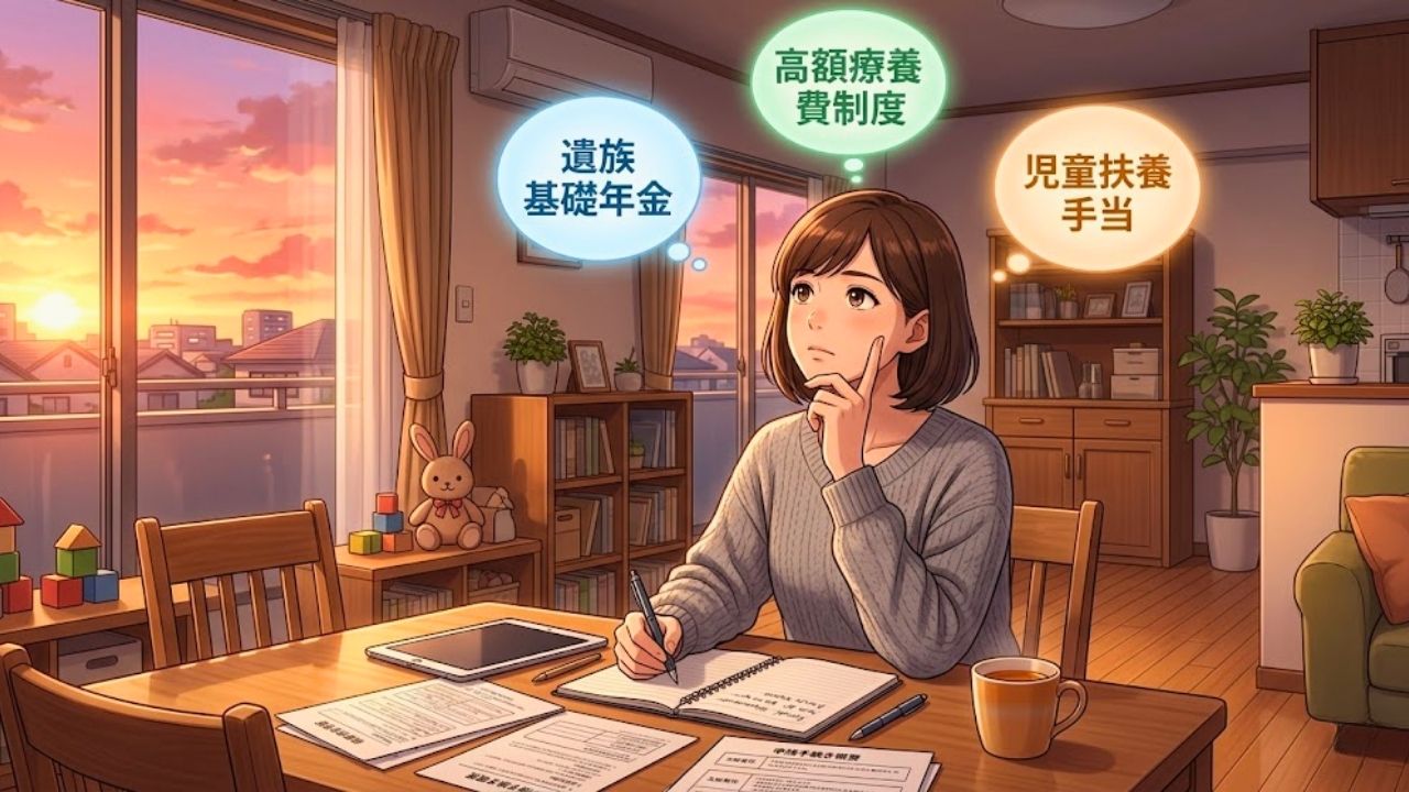 夕暮れのダイニングテーブルで、部屋着姿のシングルマザーが、真剣な表情で考え事をしている。彼女の頭上には、3つの吹き出しが浮かんでおり、それぞれに正確な日本語で「遺族基礎年金」「高額療養費制度」「児童扶養手当」というテキストが書かれている。以前の混乱は消え、仕組みを理解しようとする前向きな姿勢が感じられる。