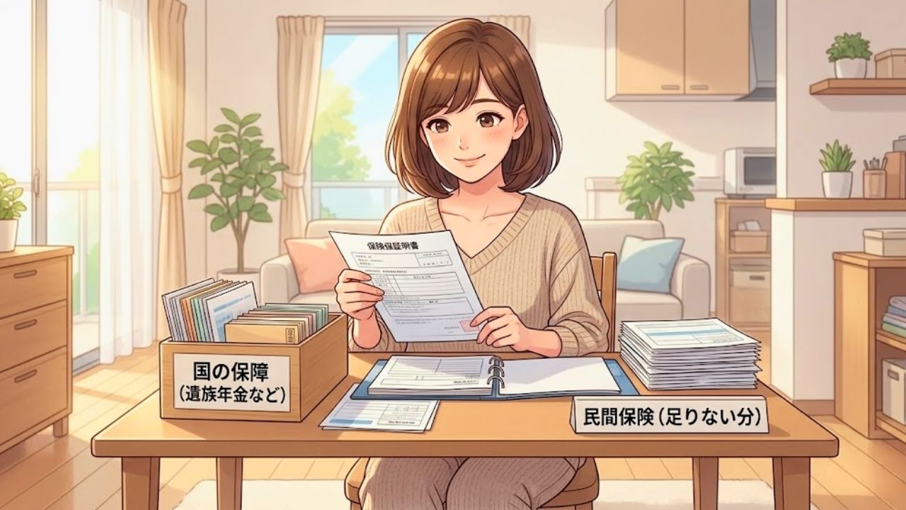 明るく片付いたダイニングテーブルで、シングルマザーが、保険証券や書類を整理している。テーブルの上には、「国の保障(遺族年金など)」と日本語で書かれた箱と、「民間保険(足りない分)」と日本語で書かれたファイルが並び、彼女は手元の書類を的確に振り分けている。表情は真剣だが、以前の混乱は消え、スッキリとした「賢い」確信に満ちた笑顔。窓からは明るい日差しが差し込んでいる。
