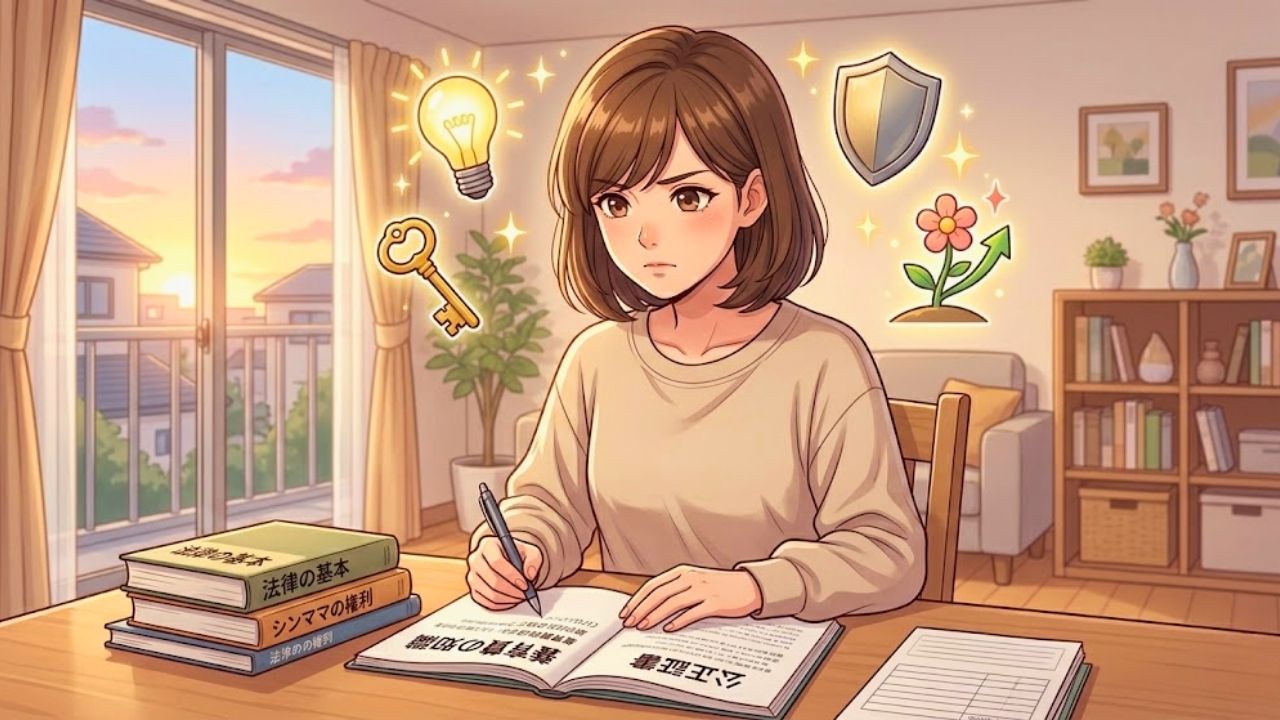 明るく片付いた自宅のリームのデスクで、シングルマザーが、真剣な表情で確信に満ち、勉強している。デスクのノートには、「養育費の知識」や「公正証書」と日本語で書かれており、法律やシンママの権利に関する本が積まれている。まどかの頭上には、電球、鍵、またはShield(盾)とBudding Future(芽吹いた未来)を象徴するアイコンが、Shimmering energy(きらめくエネルギー)と共に浮かんでいる。窓からは柔らかなNatural sunlight(自然な光)が差し込み、Tranquil and Hopeful(穏やかで希望に満ちた)な雰囲気。