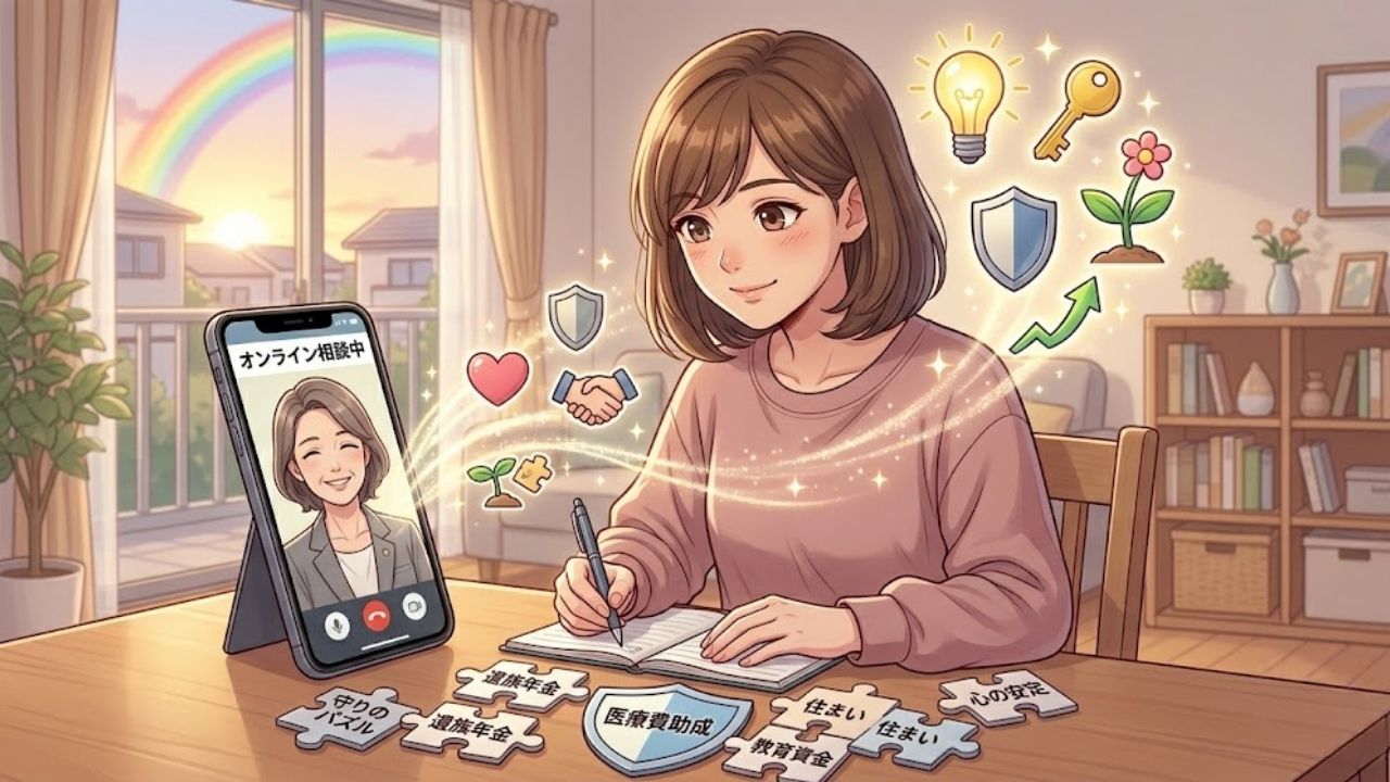 明るく片付いた自宅のリビングで、シングルマザーが、スマートフォンを使ってオンライン相談をしている。