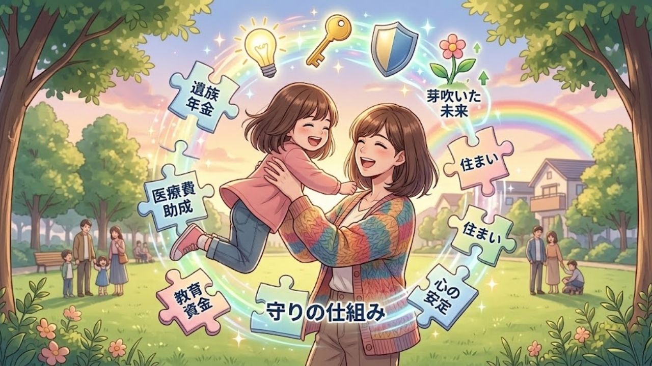 明るい日差しが降り注ぐ公園で、シングルマザーが、娘を高く持ち上げて心からの笑顔で笑い合っているイラスト。すっぴんで晴れやかな表情の彼女たちは、完成した「守りの仕組み」を象徴する輝く光のエフェクトに包まれている。背景には青空と緑、そして希望の虹が広がり、不安を解消して「今」を全力で楽しむ幸せな親子像を描いている。