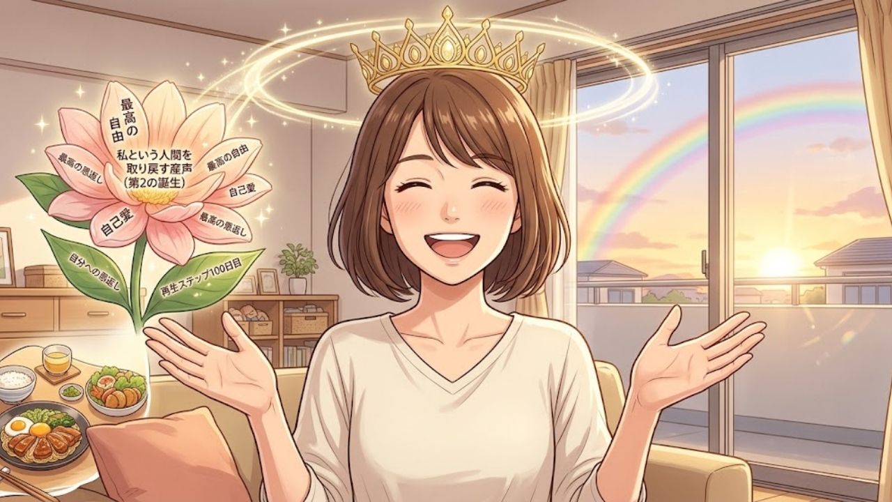 Gemini の回答 自己愛と本当の自分を取り戻す「第2の誕生」を祝う、笑顔のシングルマザーと虹のイラスト。100日再生プログラム完了。