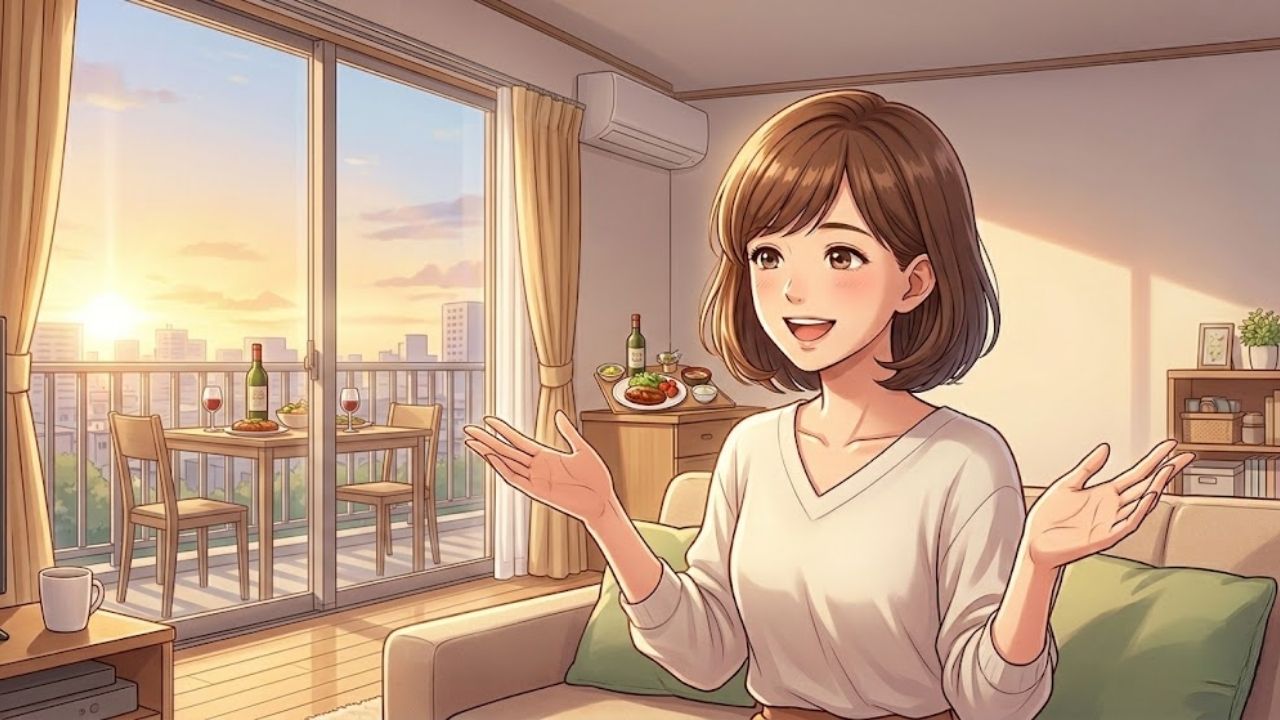 笑顔のシングルマザーが、夕日の都市を望むリビングで両手を広げる。
