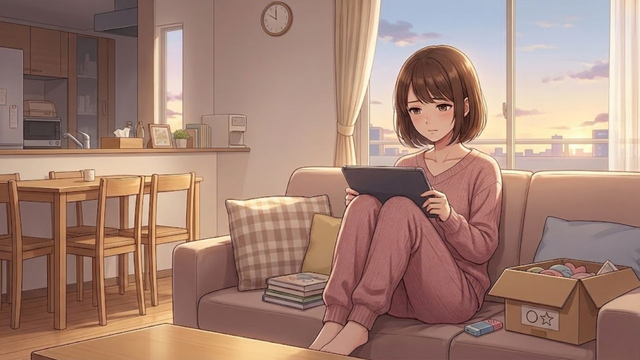 自宅のリビングで夕暮れ時にタブレットを見て寂しげなシングルマザー。