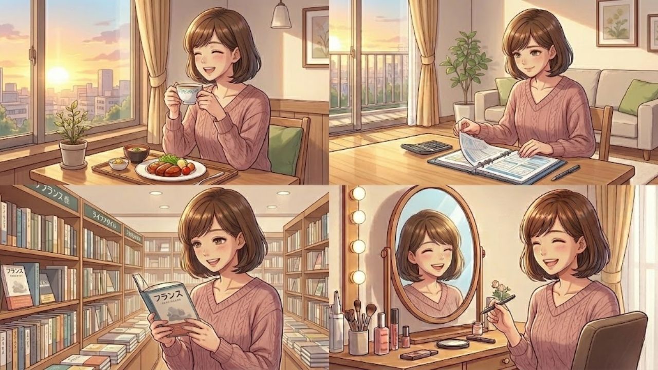 充実したライフスタイルを楽しむシングルマザーのイラスト。窓辺での食事、リビングでの書類整理、書店での読書、鏡の前でのメイクの様子。