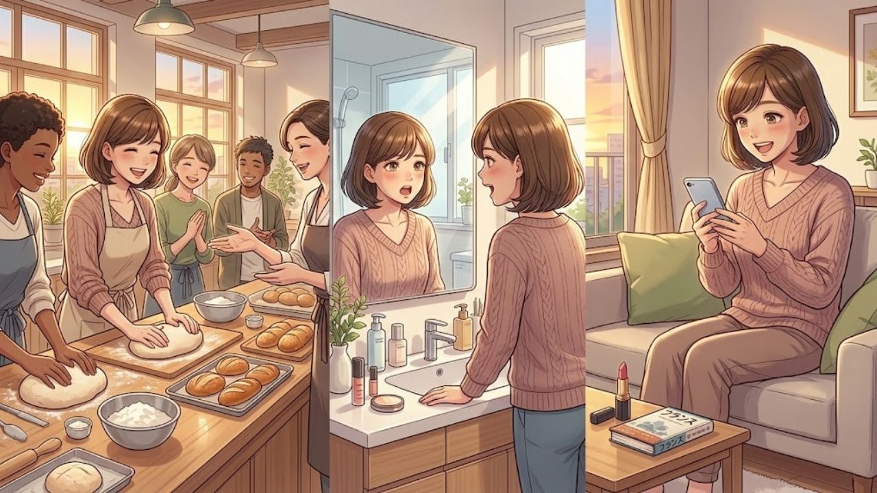 料理教室、自分磨き、ソファでのリラックスなど、卒母後のシングルマザーの充実したライフスタイルを描いた3パネルのイラスト。