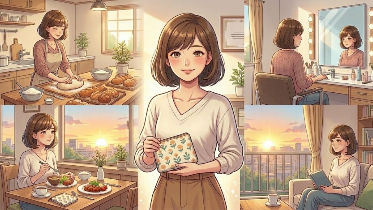 パン作り、メイク、一人での食事、読書など、充実した一人暮らしのライフスタイルを満喫するシングルマザーのイラストのコラージュ。